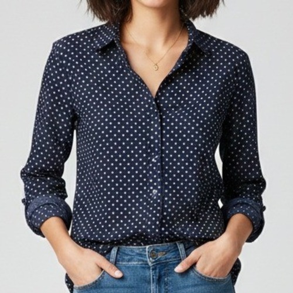 beachlunchlounge Women Blue Star Dot Print Button Up Shirt Top Size SP